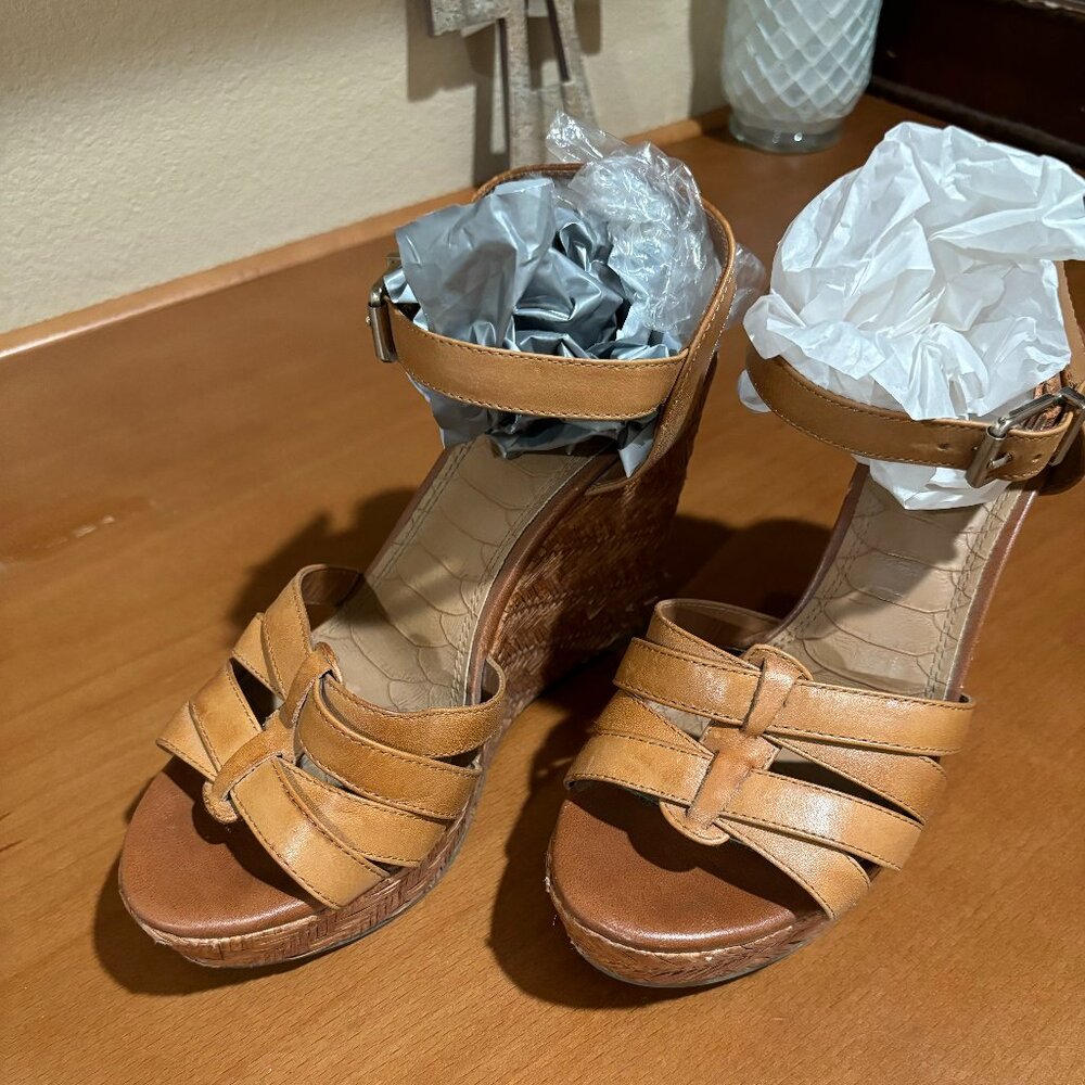 Brown ankle strap, strappy toe straw wedge sandal